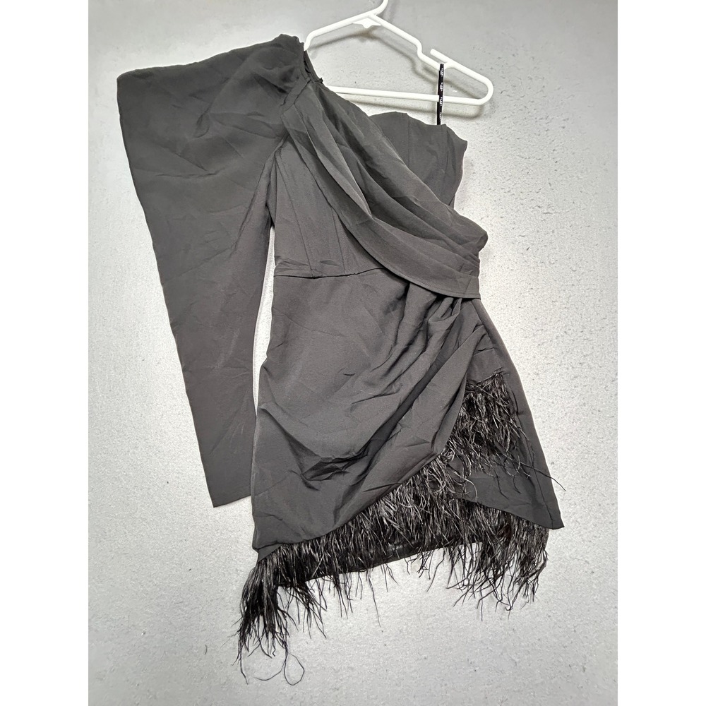Club L London RSVP Asymmetric Feather Mini Dress Black US 2 EU 34 Womens